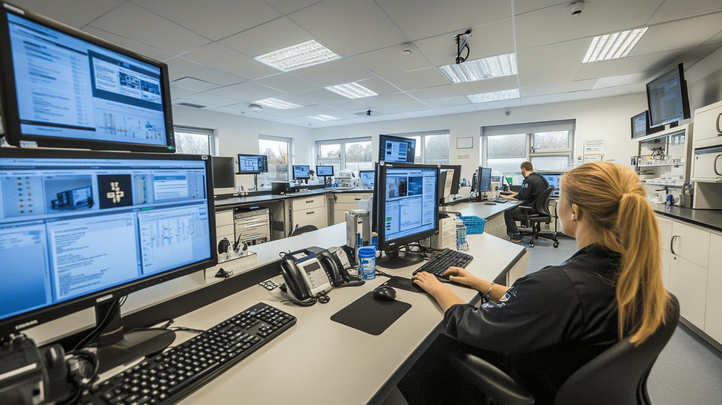 Technicians monitoring multiple computer screens in a modern control room with advanced digital workstations and networked communication systems