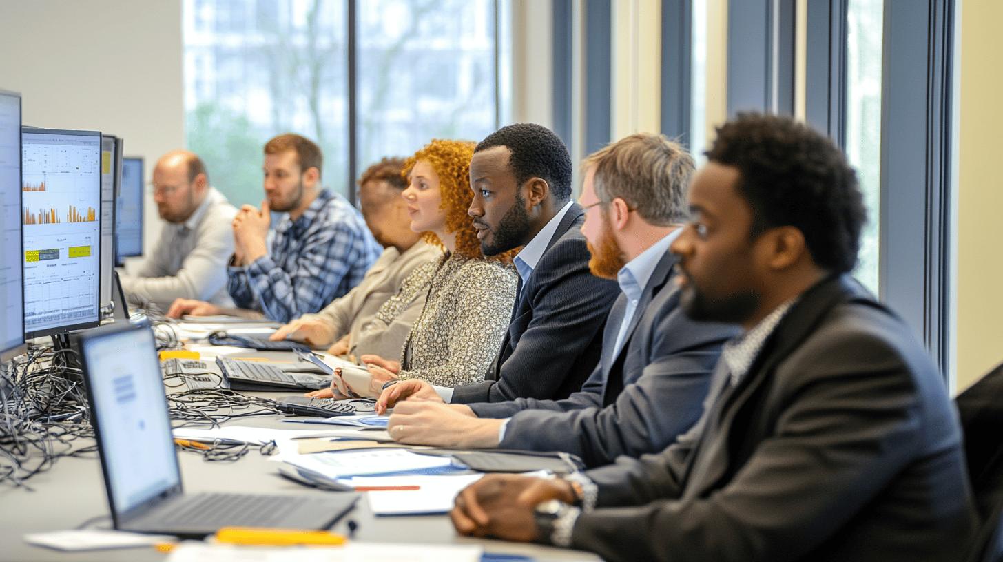 Diverse business team analyzing data charts during professional meeting in modern office with large windows and multiple computer screens