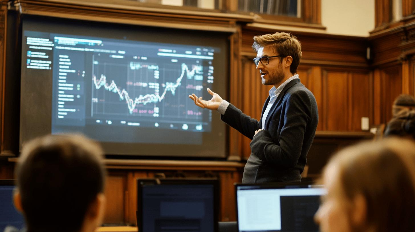 Financial analyst presenting stock market performance data on large screen to attentive audience in traditional wood-paneled conference room