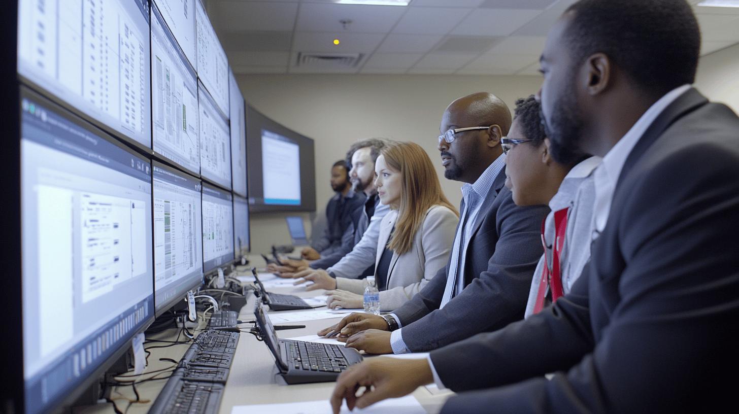 Diverse corporate team analyzing data on multiple computer monitors in a professional control room setting, focusing on screens with complex information displays