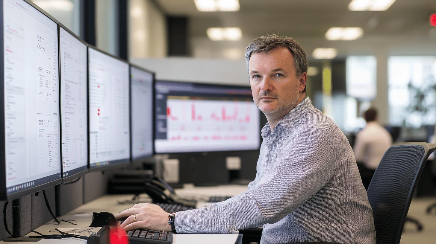 Professional working in data analytics at modern office workstation with multiple computer monitors displaying data charts and graphs