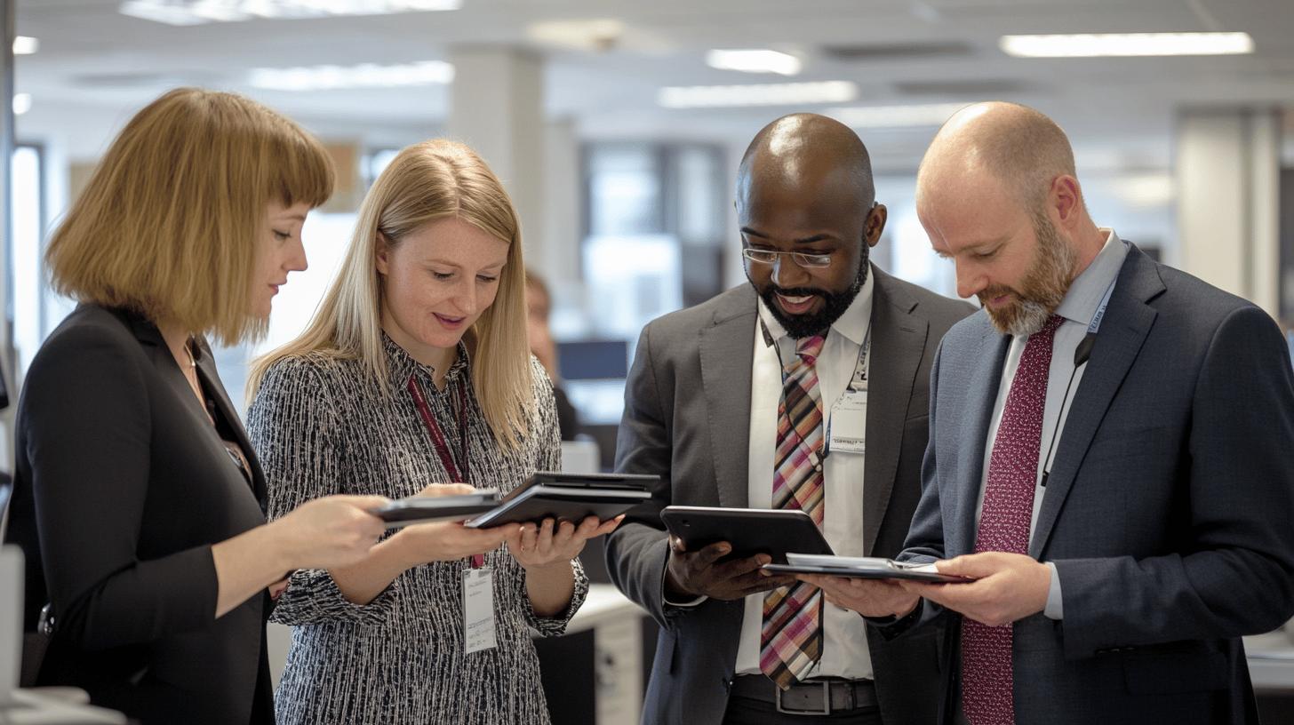 Professional team collaborating on digital tablets in modern office with diverse business colleagues reviewing documents together