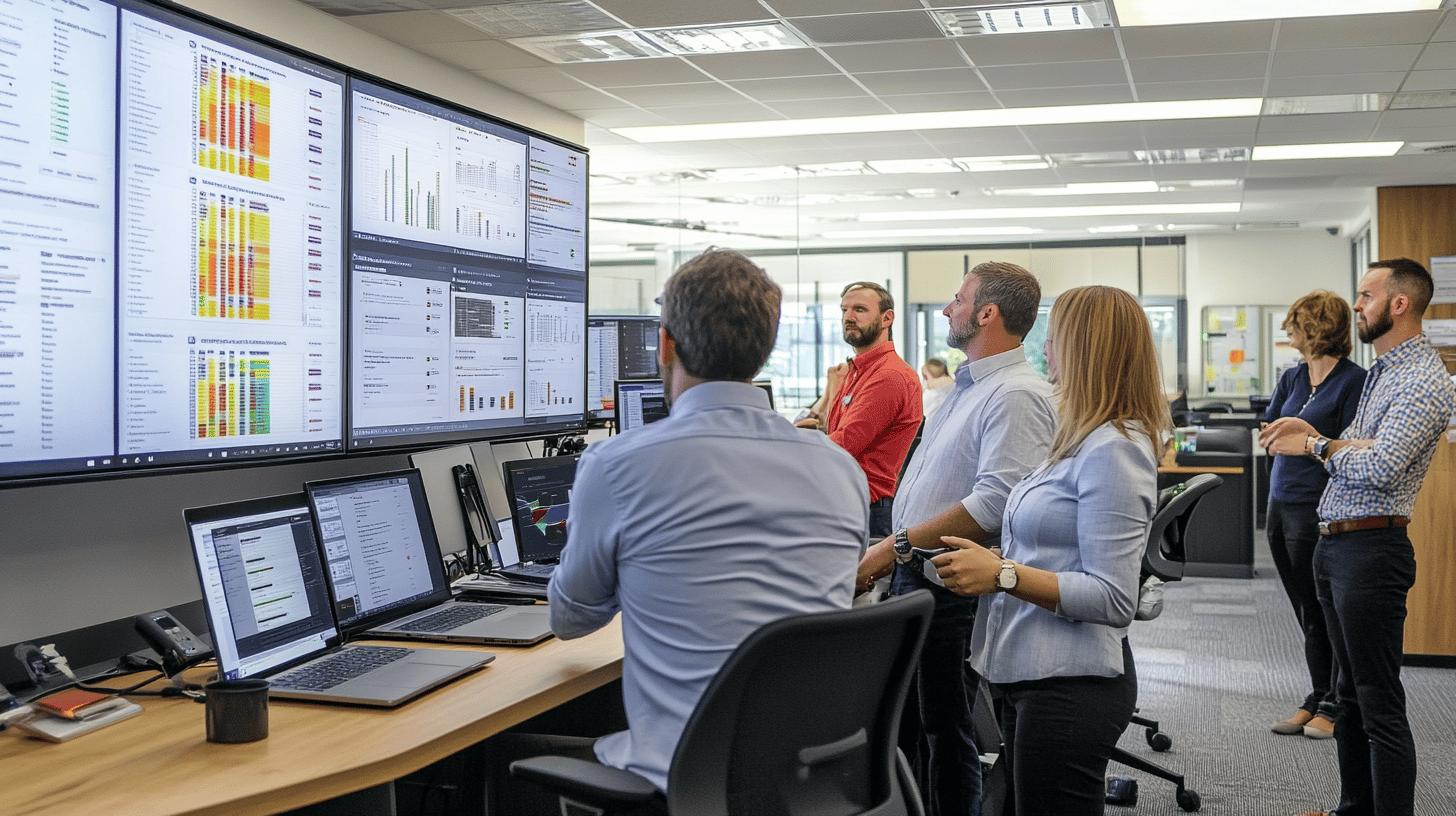 Business professionals analyzing data visualization on large monitors in modern corporate office control room with multiple workstations and screens showing complex analytics and charts