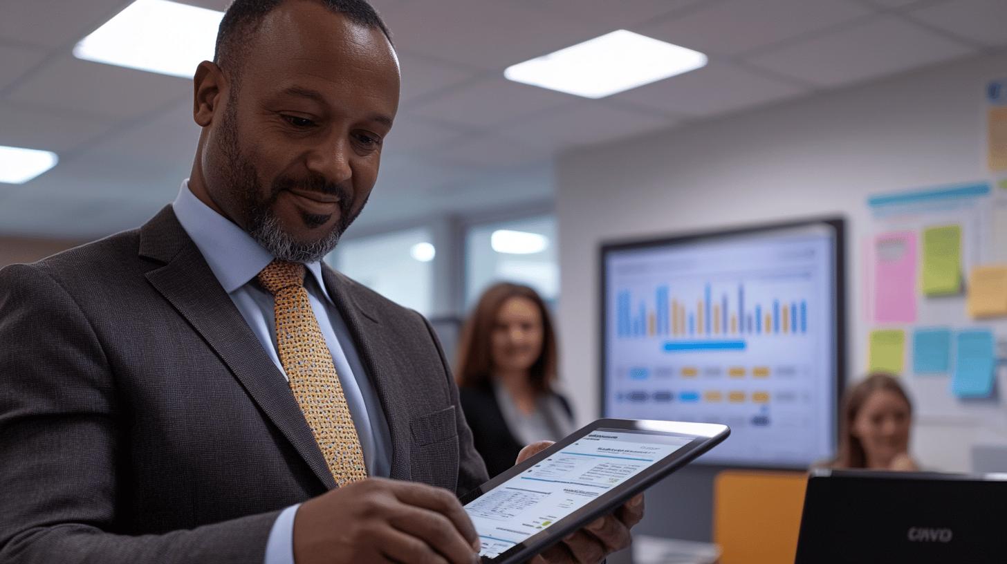 Professional businessman reviewing data on tablet in modern office with financial analytics dashboard in background