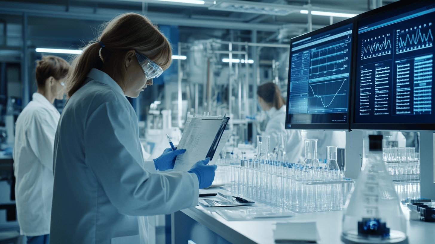 Advanced medical research laboratory with scientist analyzing data on digital screens, surrounded by test tubes and scientific equipment in sterile blue-tinted environment