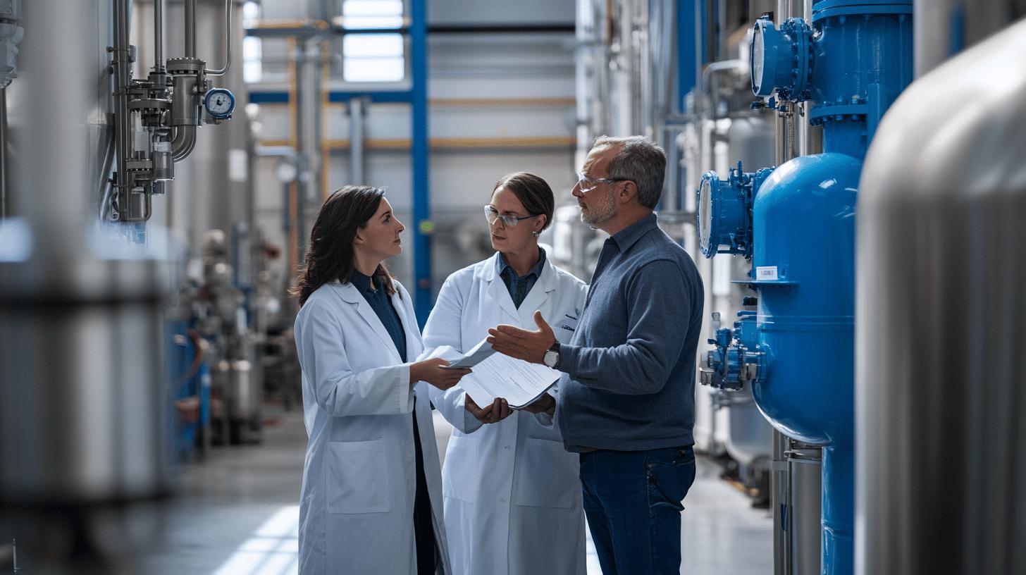 Industrial professionals discussing technical details in a water treatment or manufacturing facility, with blue machinery and pipelines surrounding them, wearing white lab coats and safety glasses while reviewing document