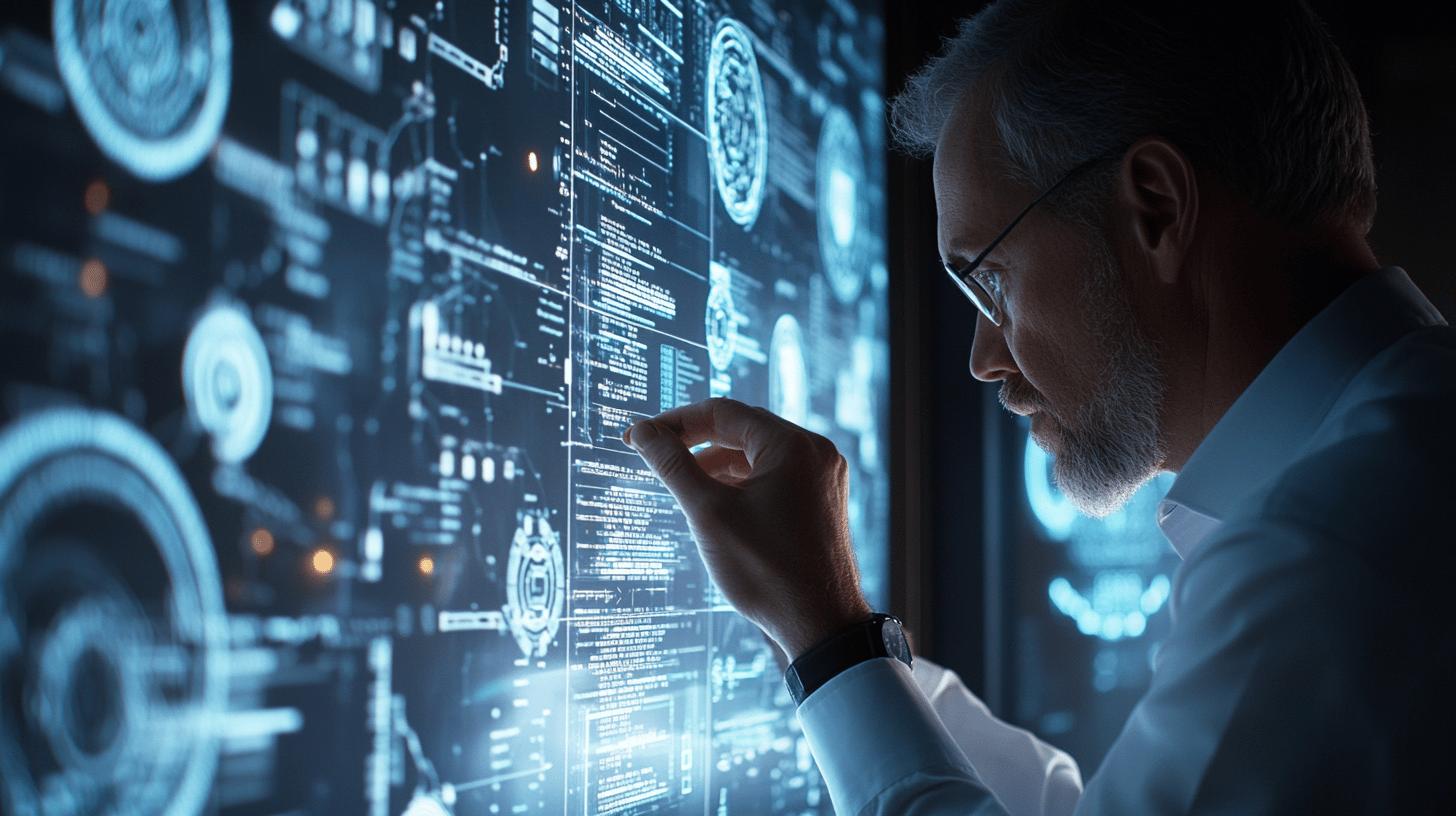 Advanced futuristic digital interface with data analytics, cybersecurity dashboard, and technological visualization with professional analyzing complex information screens