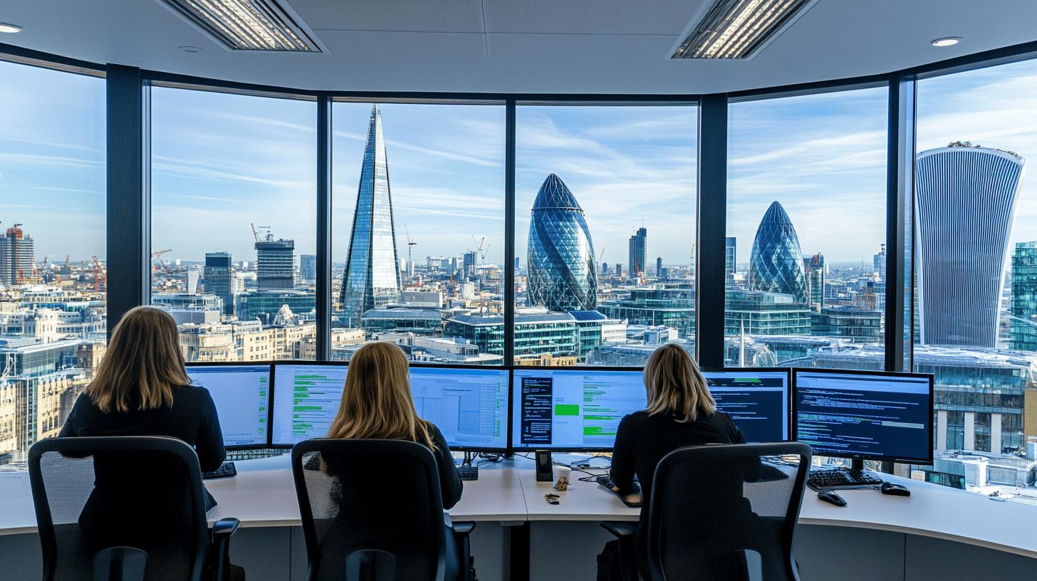 Modern office workstation with three professionals working on computer monitors, overlooking iconic London skyline featuring the Gherkin, Shard, and Walkie-Talkie buildings in financial district