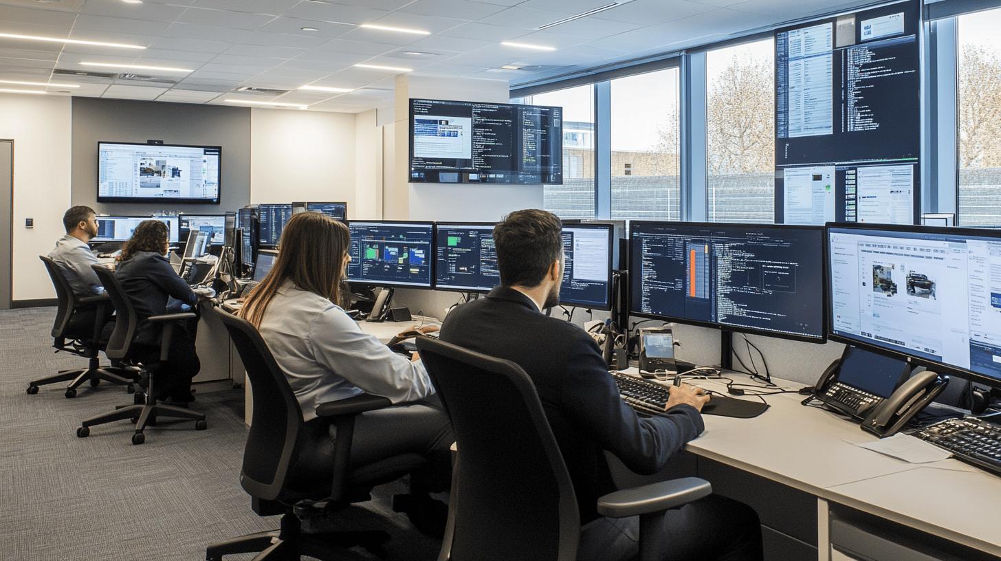 Professional software development team working in modern tech operations center with multiple monitors displaying code, data dashboards, and programming interfaces, featuring bright open workspace with large windows and collaborative workstations