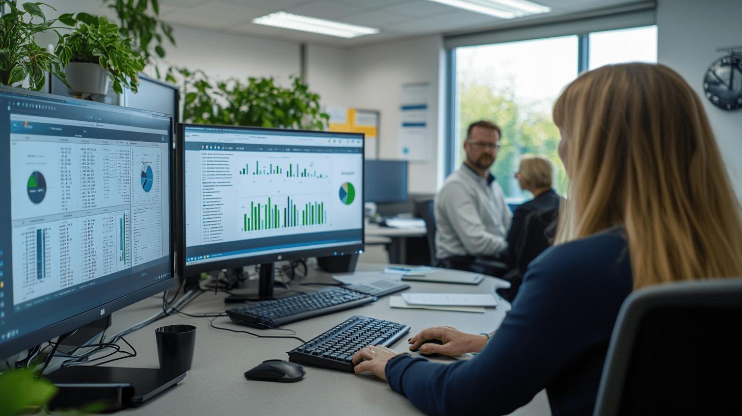 Professional data analyst reviewing business analytics and financial charts on computer monitors in modern green office workspace with colleagues in background