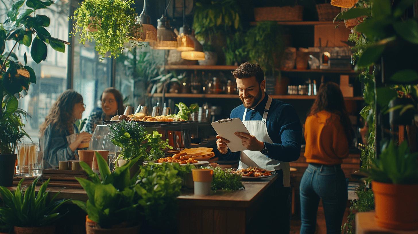 Lush green cafe interior with barista in white apron checking order on clipboard, surrounded by hanging plants and warm lighting, with customers in background enjoying beverages and food