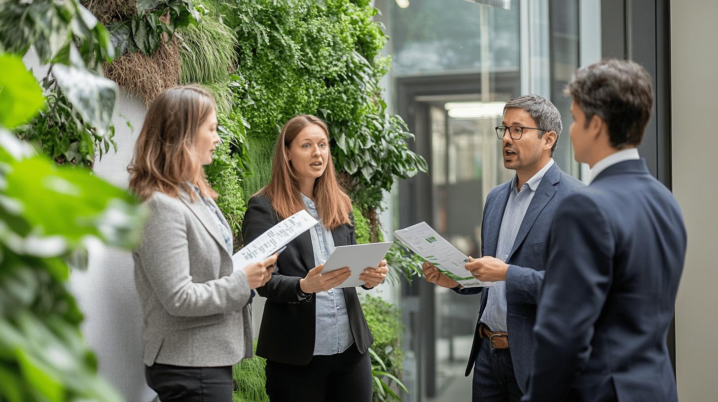 Professional business team discussing documents in a green, plant-filled modern office environment with living wall background, wearing business attire and holding papers during collaborative meeting