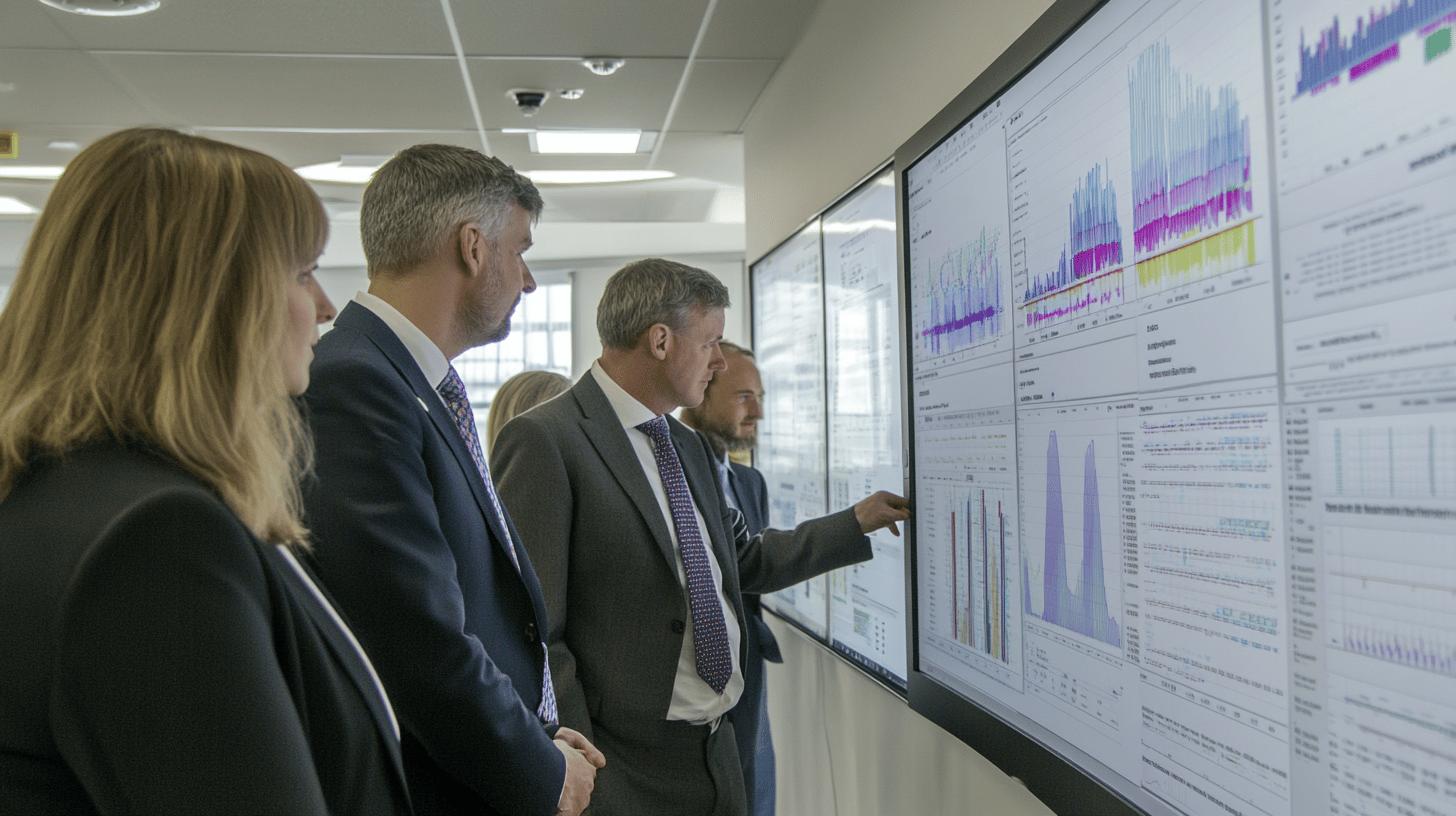 Business professionals analyzing data visualization on large digital screens in modern office, illustrating collaborative data analytics and strategic decision-making process