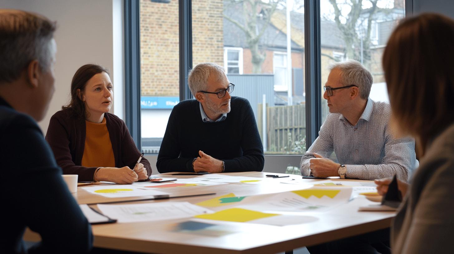 Professional team collaborating in modern office meeting room with colorful design documents and large windows, displaying collaborative workplace environment