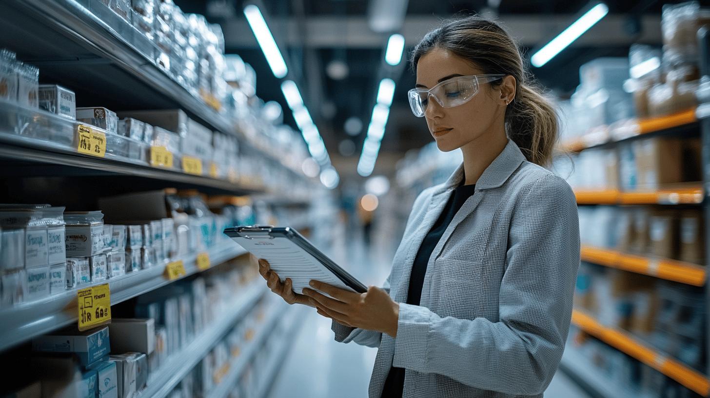 Professional woman in safety glasses conducting inventory check in pharmaceutical warehouse, using clipboard while examining shelved medical products under bright fluorescent lighting