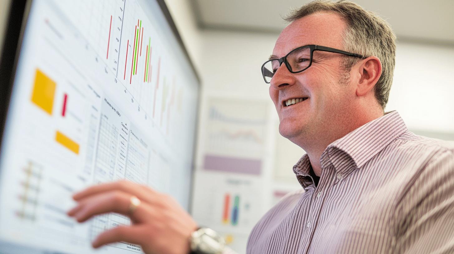 Smiling professional analyzing colorful data visualization charts on office screen, wearing glasses and striped shirt