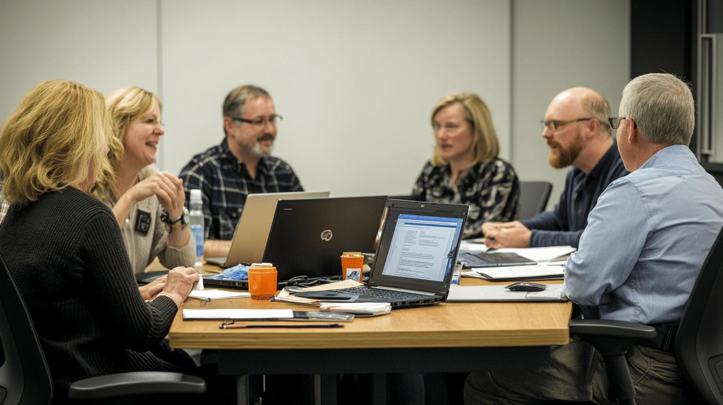 Professional team collaborating during business meeting with laptops and documents at conference table, featuring diverse colleagues engaged in discussion