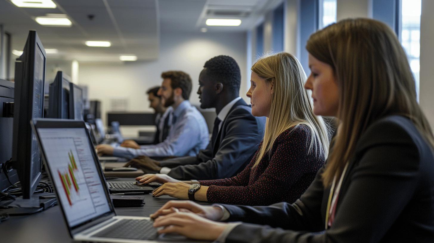diverse professionals working on computers in modern office with data analytics graphs displayed, focused on collaborative business technology environment