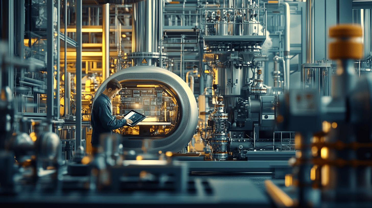 Advanced industrial facility with high-tech circular workstation, complex machinery, and digital control interface showcasing modern manufacturing technology and automation