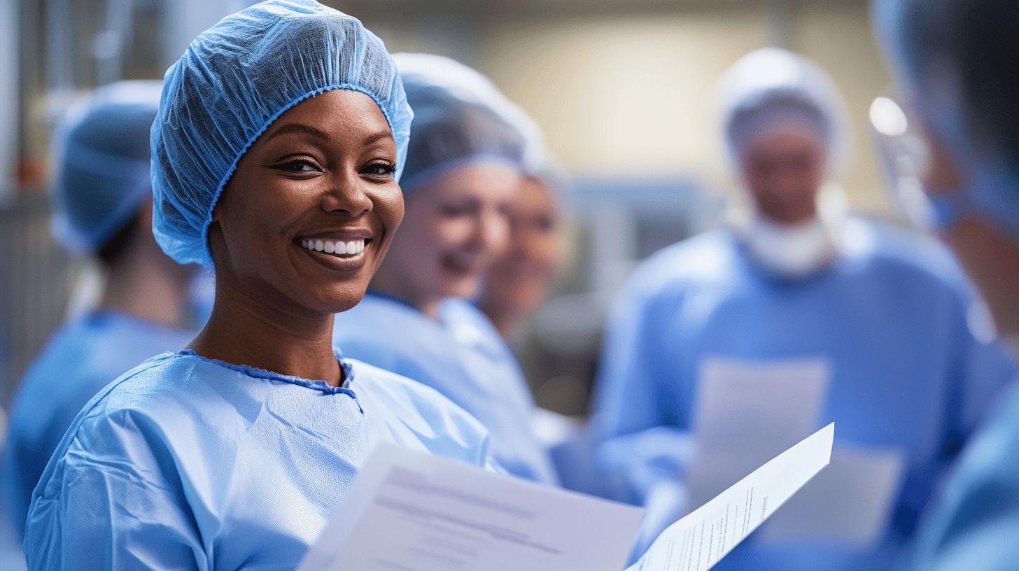 Smiling healthcare professional in blue surgical scrubs and cap standing in operating room with medical team in background, holding documents with confident expression