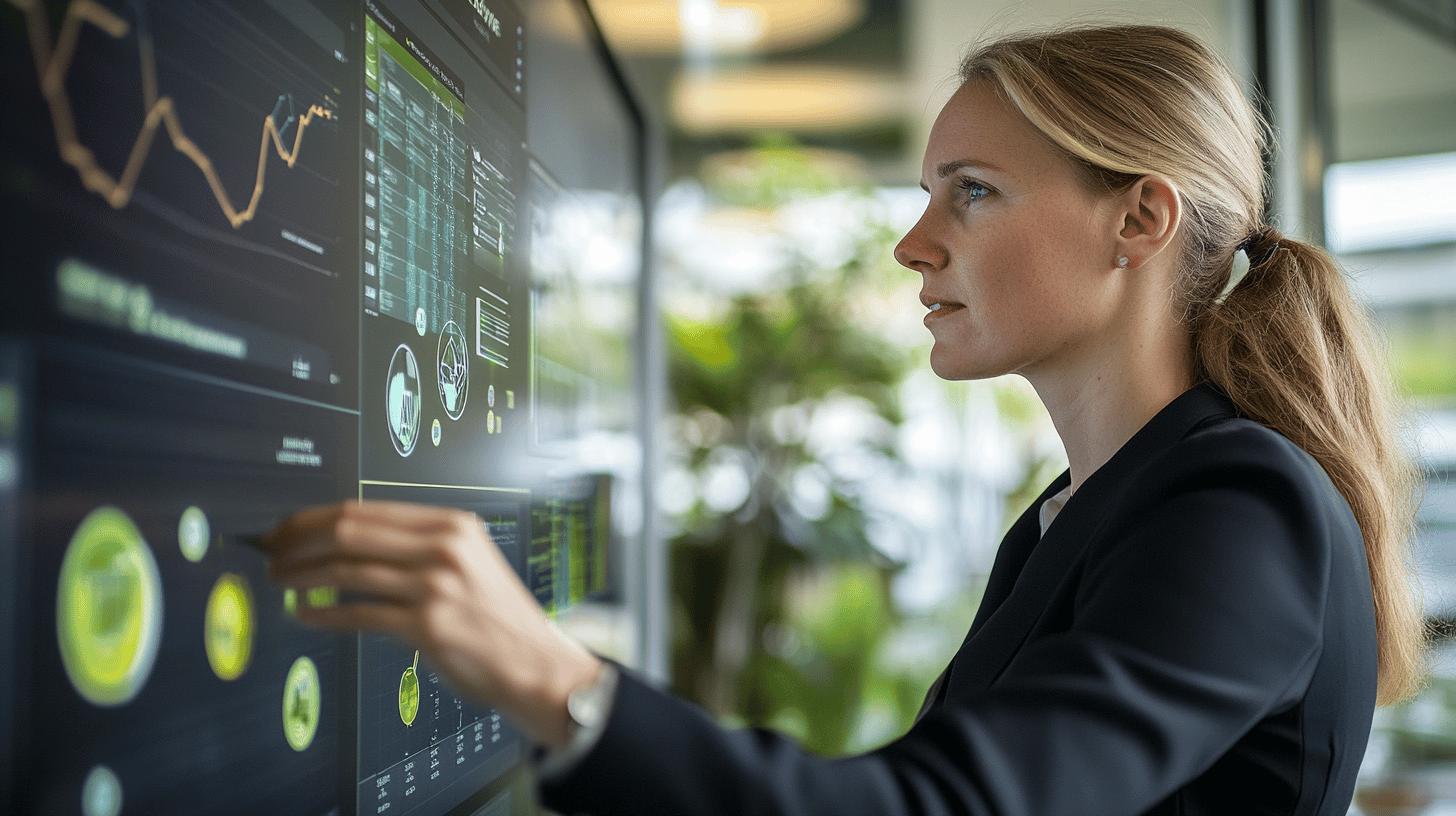 Professional analyzing financial data visualization on interactive digital screen in modern office environment, demonstrating business intelligence and technology integration