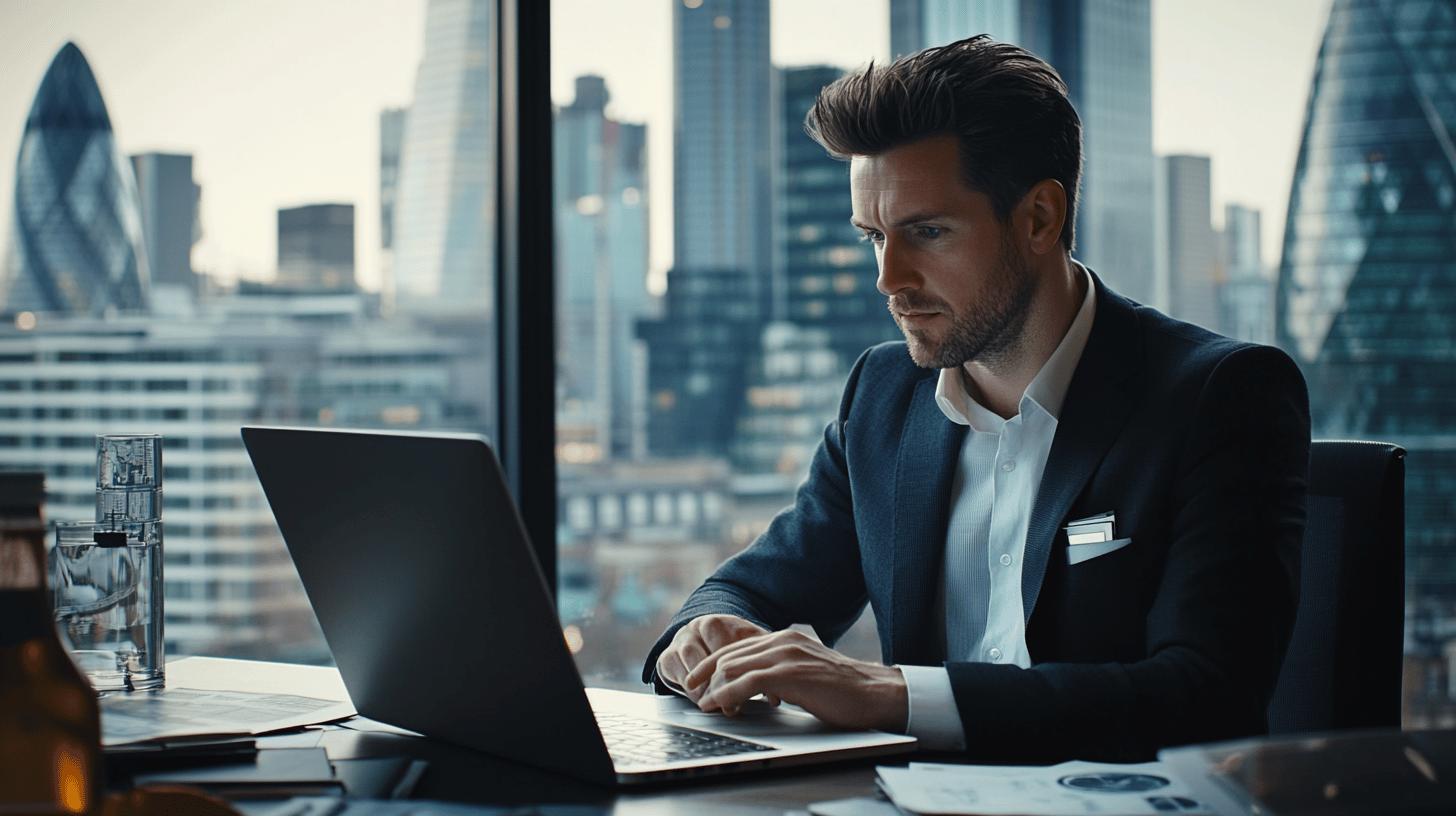 Professional businessman working on laptop in modern London office with cityscape skyline featuring Gherkin and skyscrapers in background