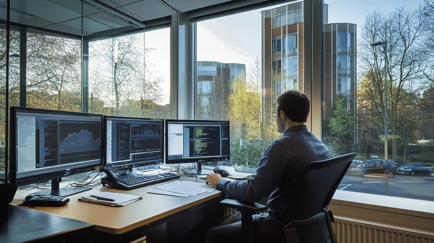 Modern financial trading workspace with multiple monitors displaying stock charts and data analysis, featuring a professional working in a glass-walled office with autumn trees and urban buildings visible outside