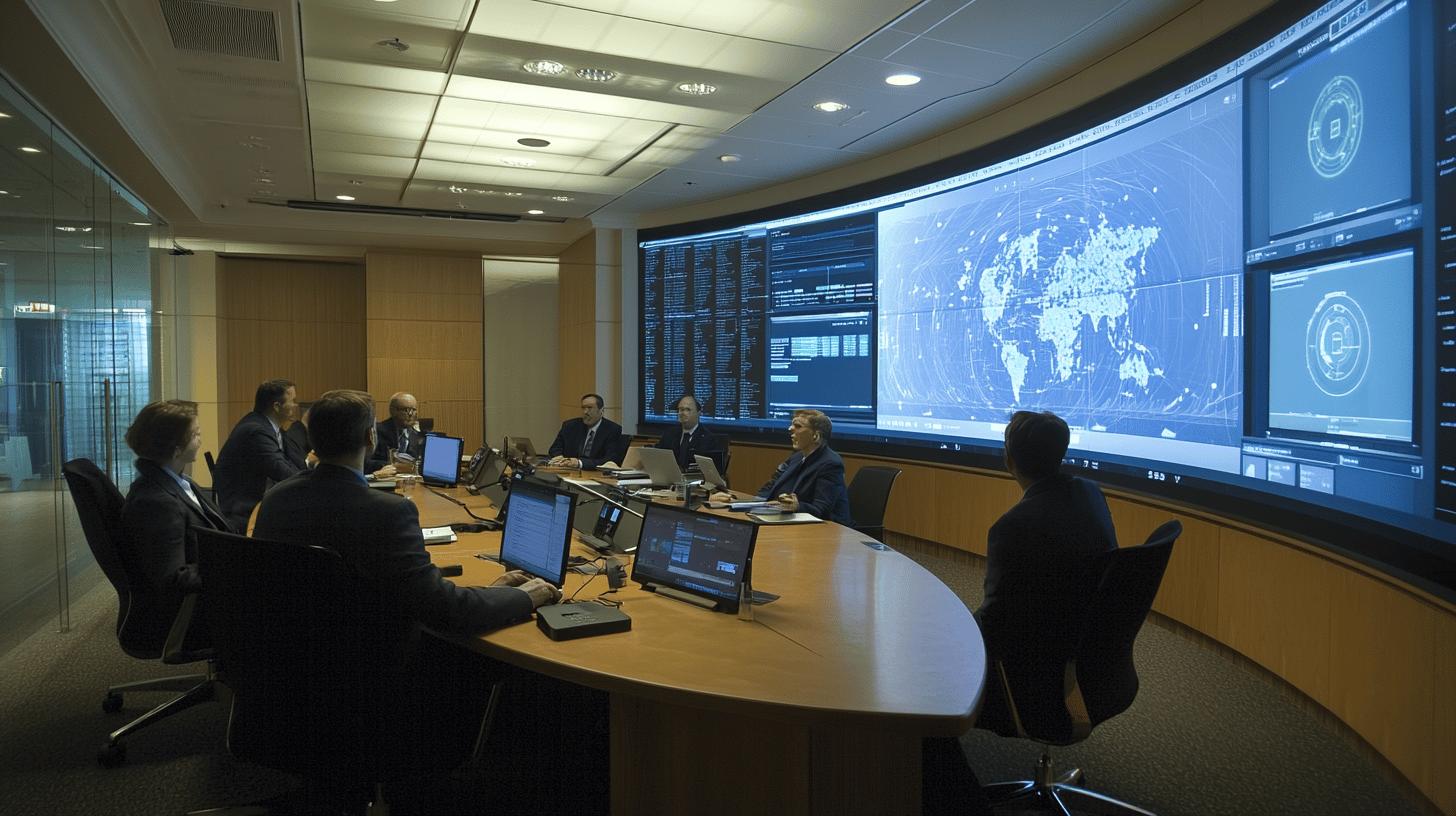 high-tech conference room with global monitoring screens, business professionals in meeting with world map data visualization and digital interface displays