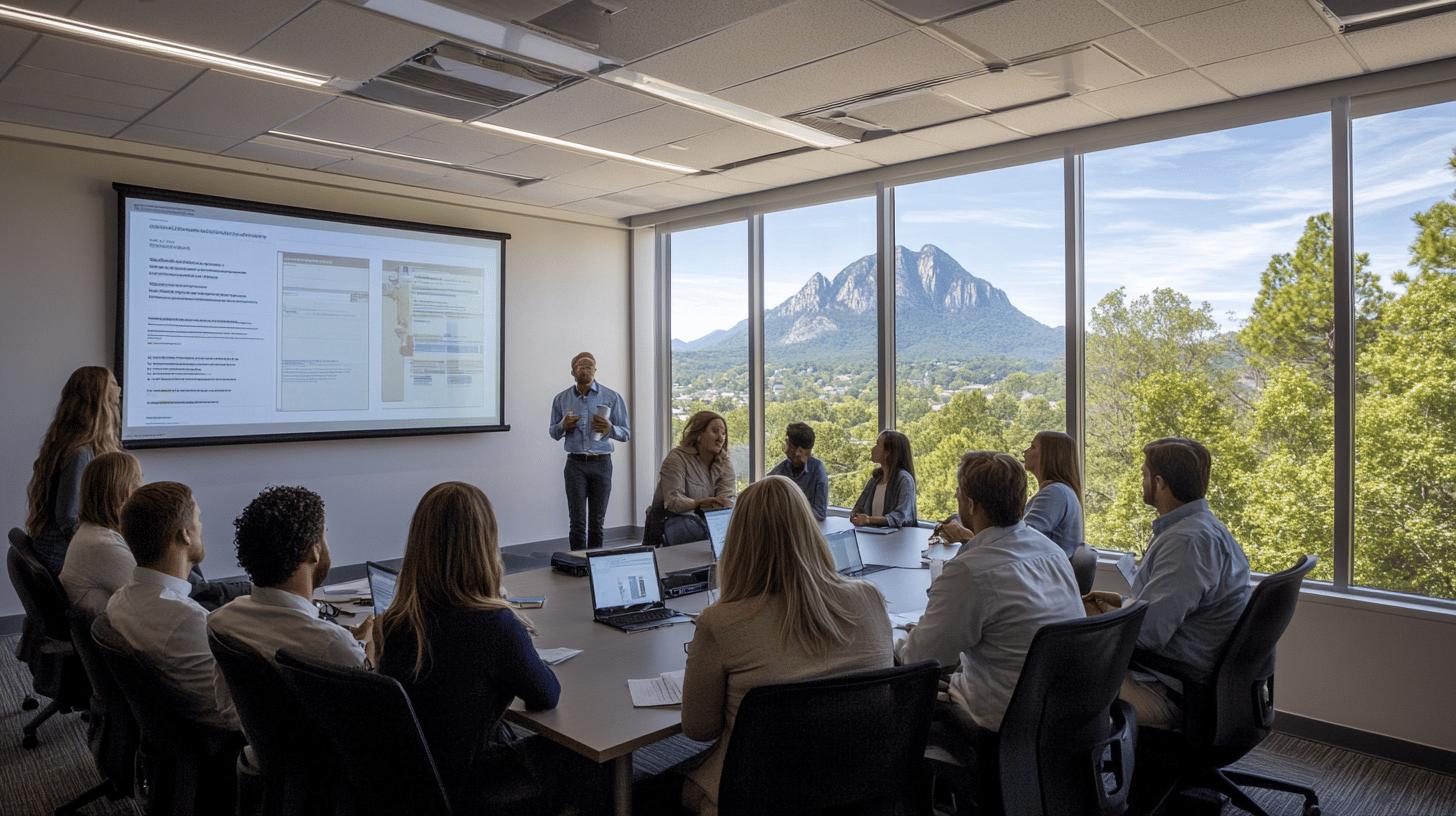 Business team attending presentation in modern conference room with mountain landscape view, laptop screens displaying data, presenter standing by projection screen leading meeting