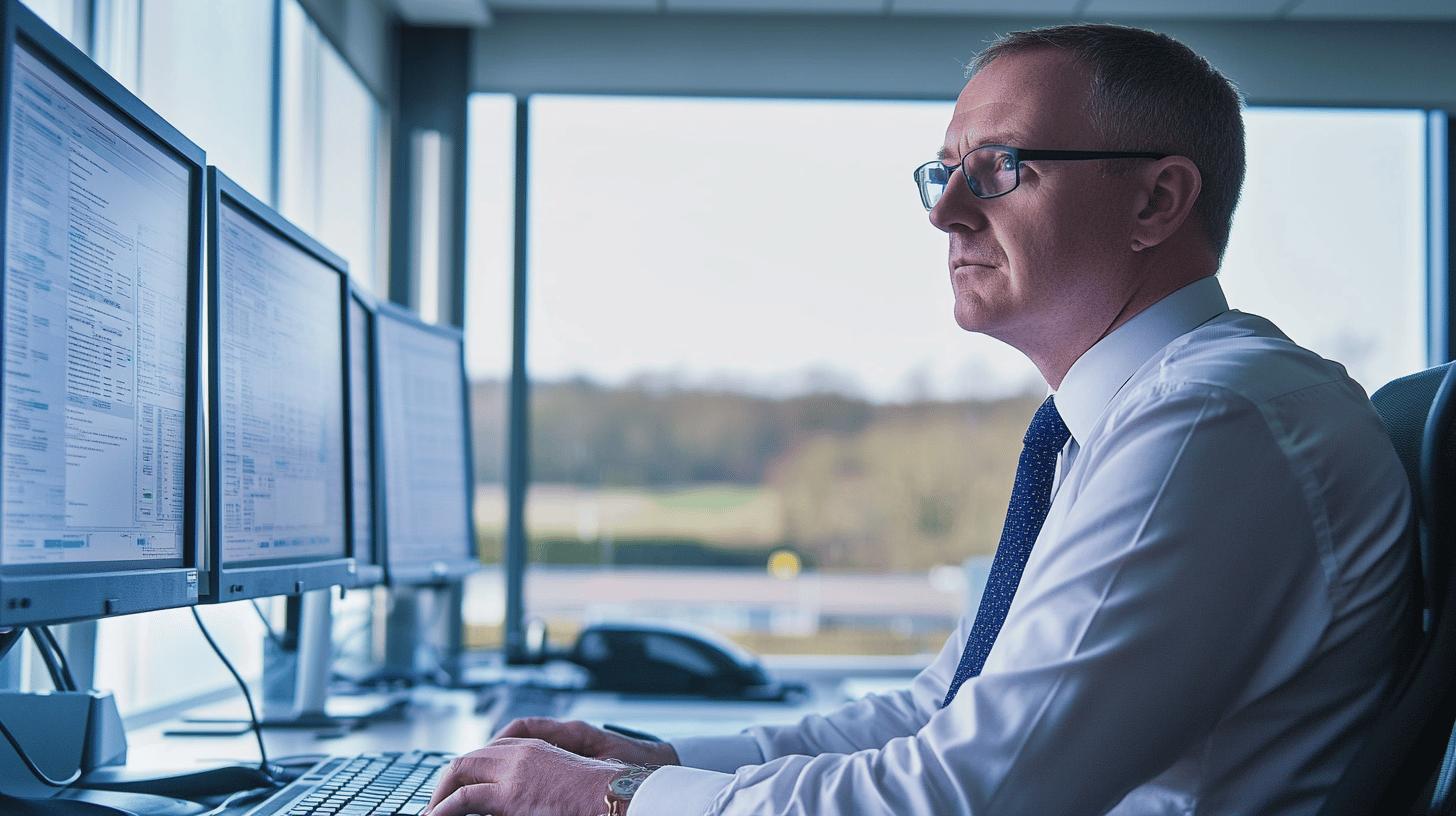 Professional financial analyst working on multiple computer monitors in modern office with large windows and natural light, focused on data analysis and financial reporting