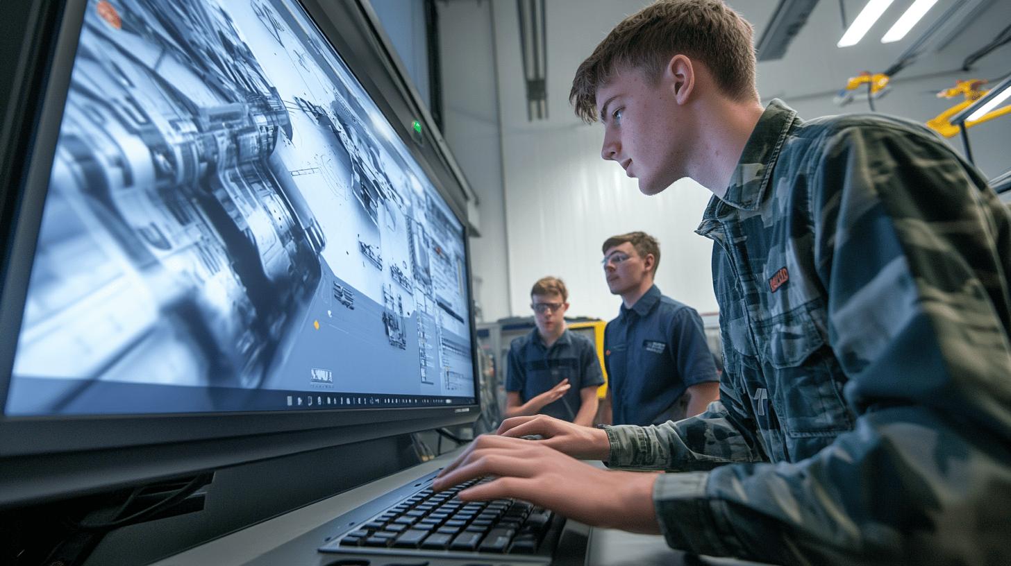 Technicians analyzing complex digital schematic on large monitor in high-tech industrial control room, focusing on detailed technical interface