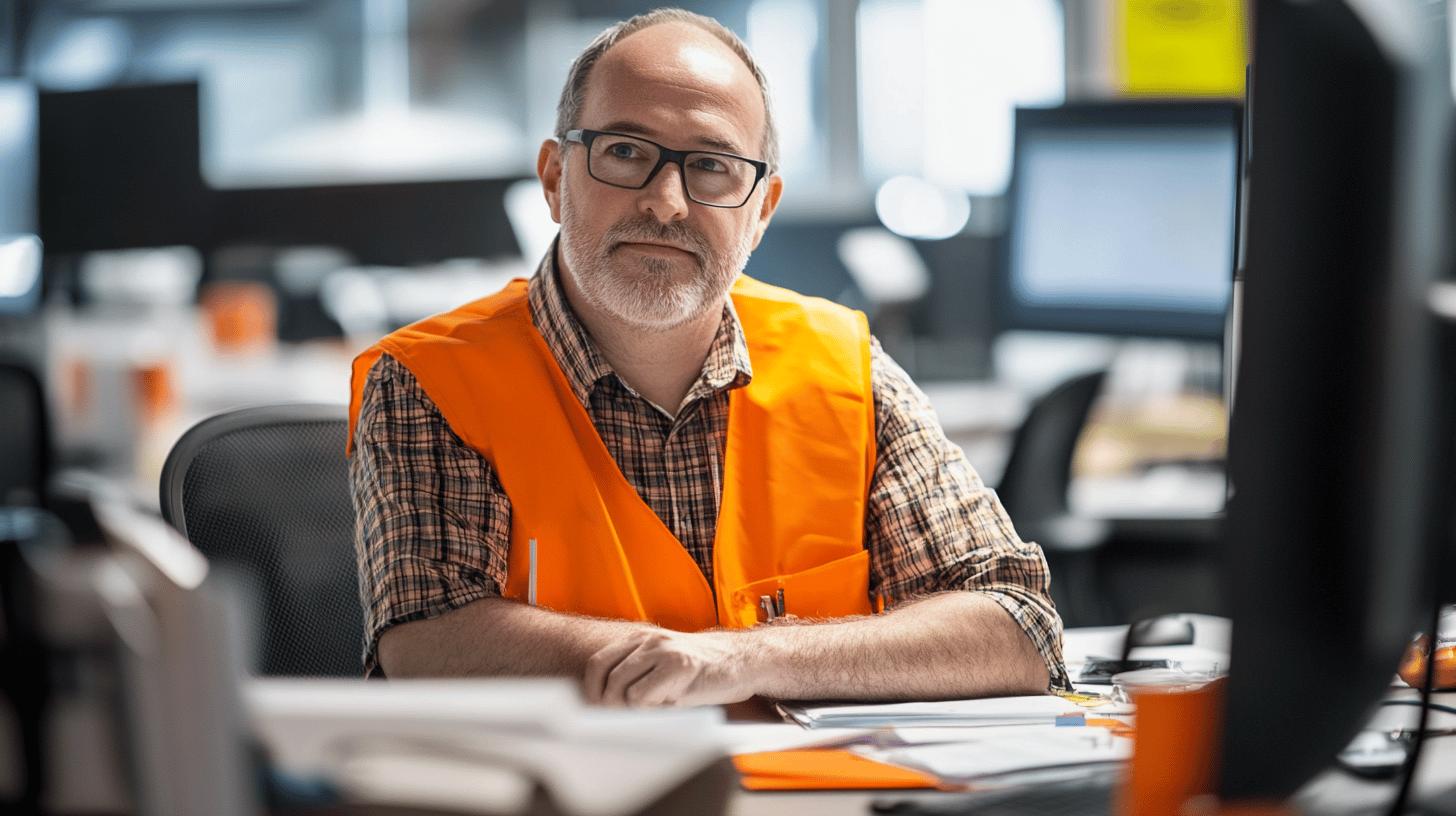 An experienced worker wearing an orange safety vest sits at a desk in an industrial office environment with computer screens, focused and professional