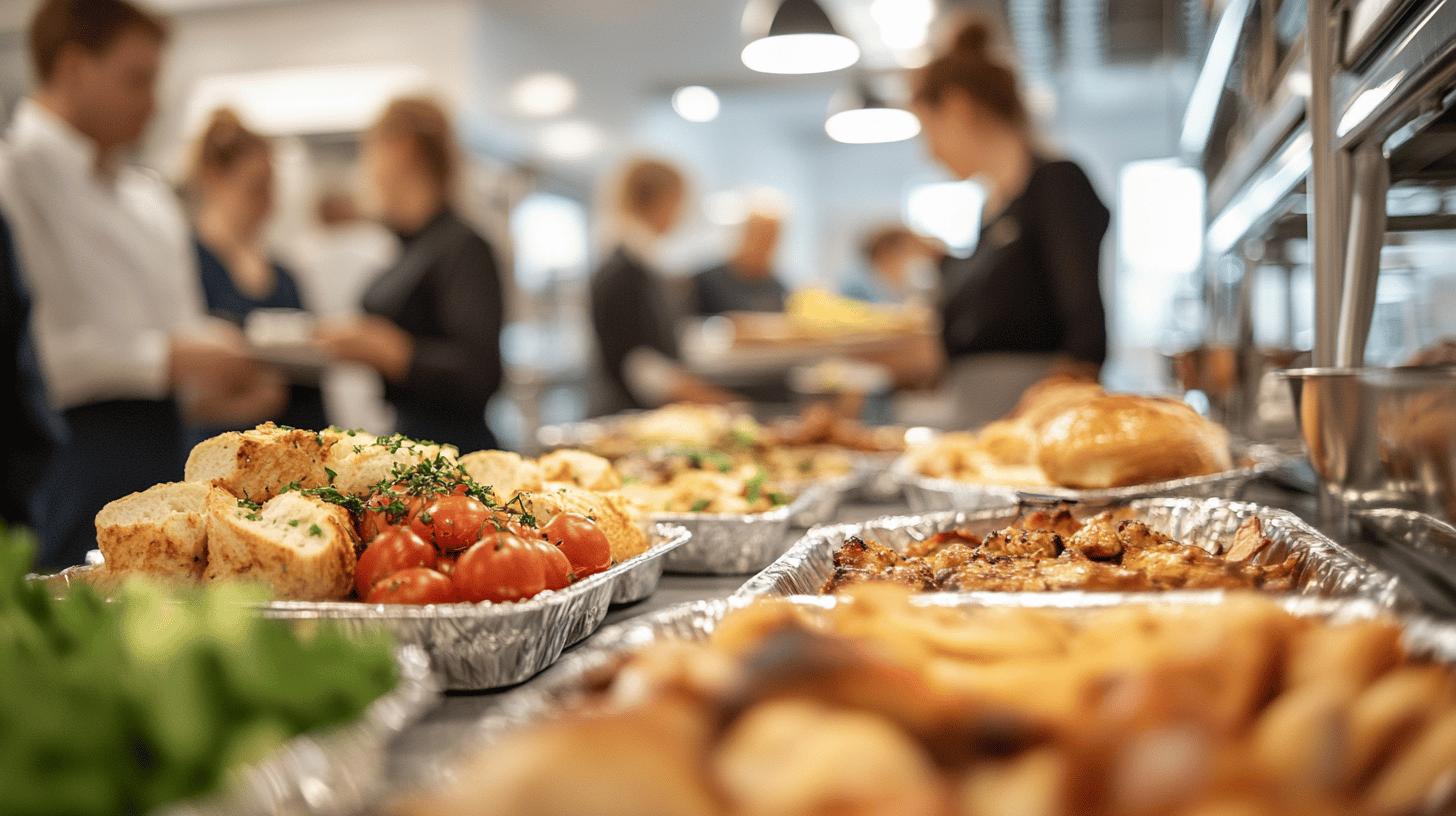 Professional catering buffet with fresh hot dishes in aluminum trays, featuring roasted tomatoes, herbed potatoes, and various cooked meals, with blurred staff in background preparing food service