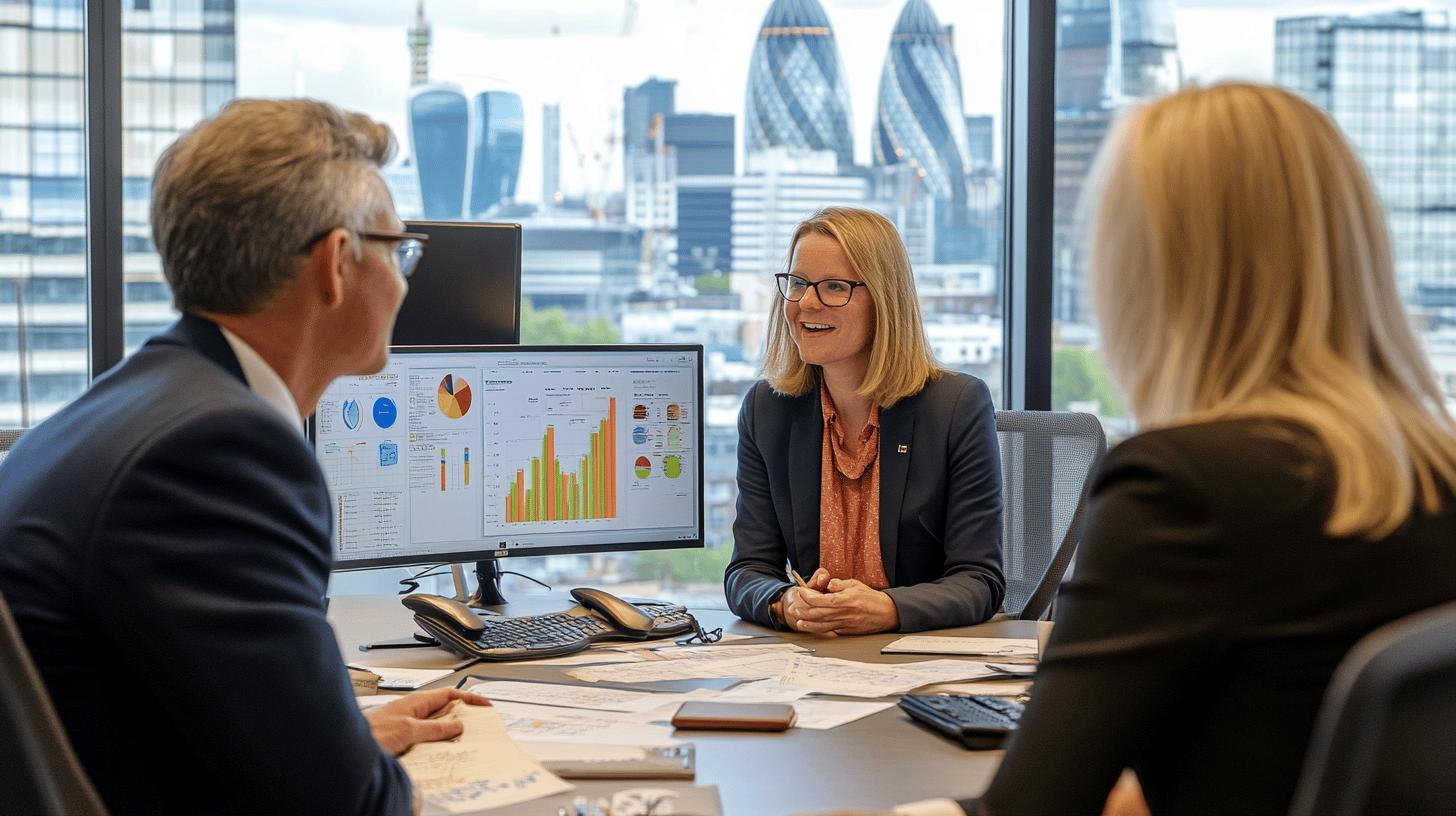 Business professionals analyzing financial data charts in modern London office with Gherkin and city skyline in background