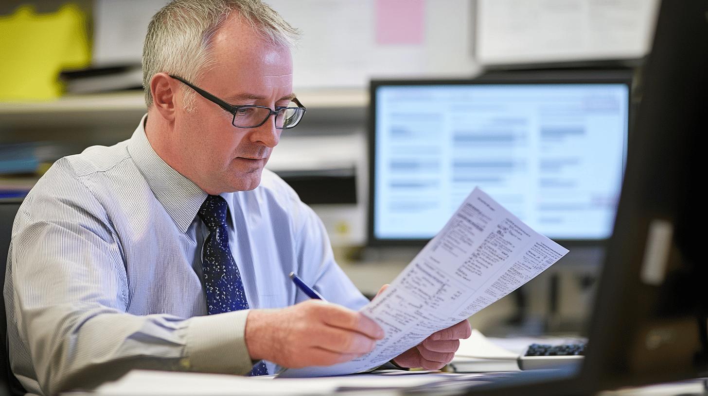 Professional middle-aged office worker reviewing documents at desk with computer monitors in background, wearing glasses, white shirt, and blue tie, focused on paperwork analysis