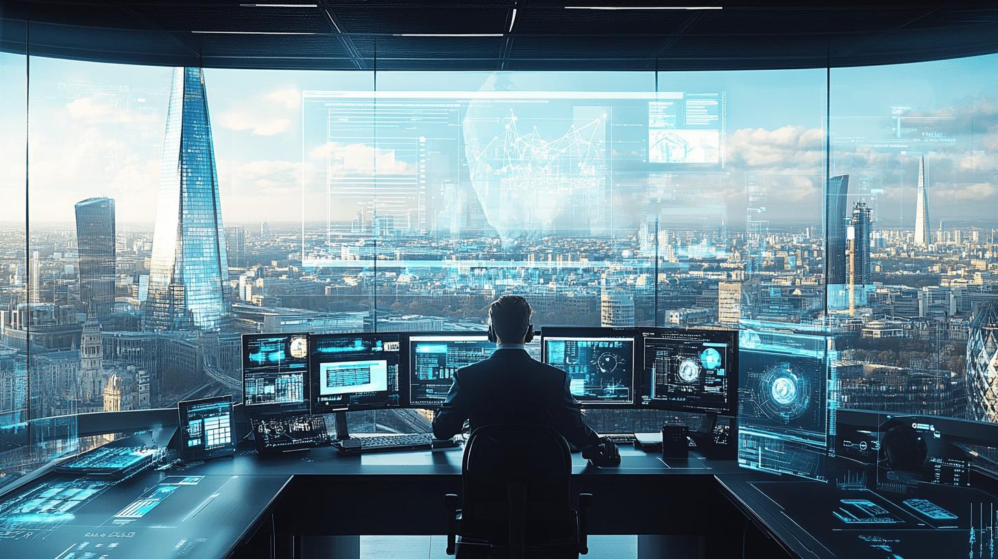 Futuristic control room with multiple digital screens overlooking a high-tech cityscape, featuring a silhouetted figure monitoring complex data visualization and urban landscape through large glass windows