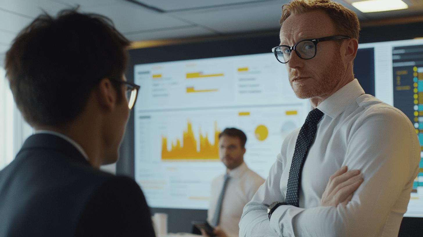 Corporate professionals analyzing data visualization dashboard with yellow graph charts in modern office setting