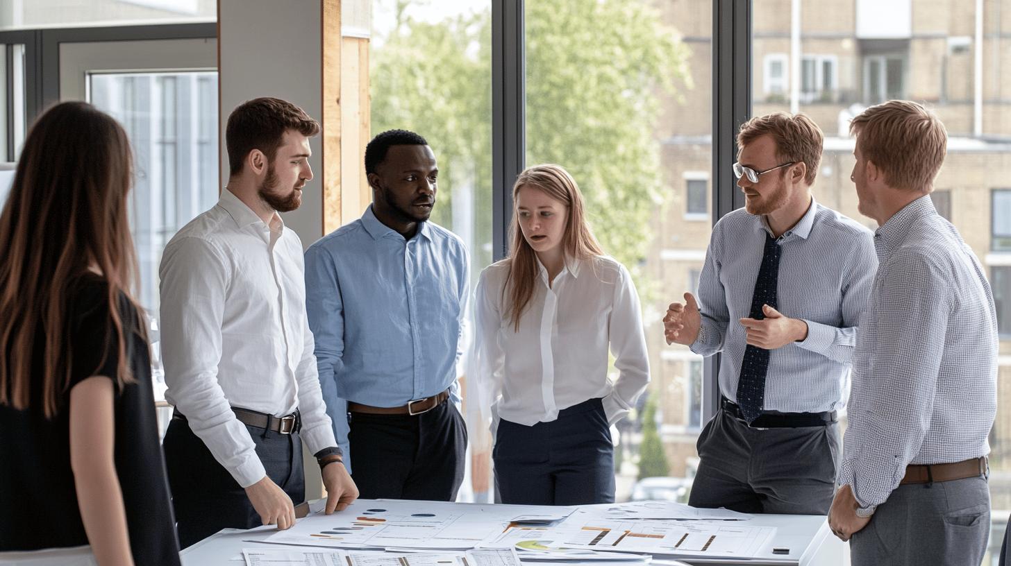 Diverse professional team collaborating around conference table with data charts and graphs, bright modern office setting with large windows