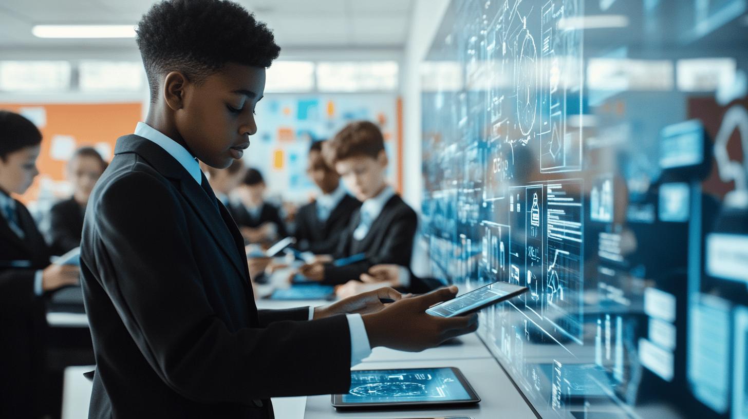 Futuristic classroom with students in uniforms using advanced digital technology, interactive holographic displays, and tablets for learning, showcasing innovative educational technology and STEM engagement