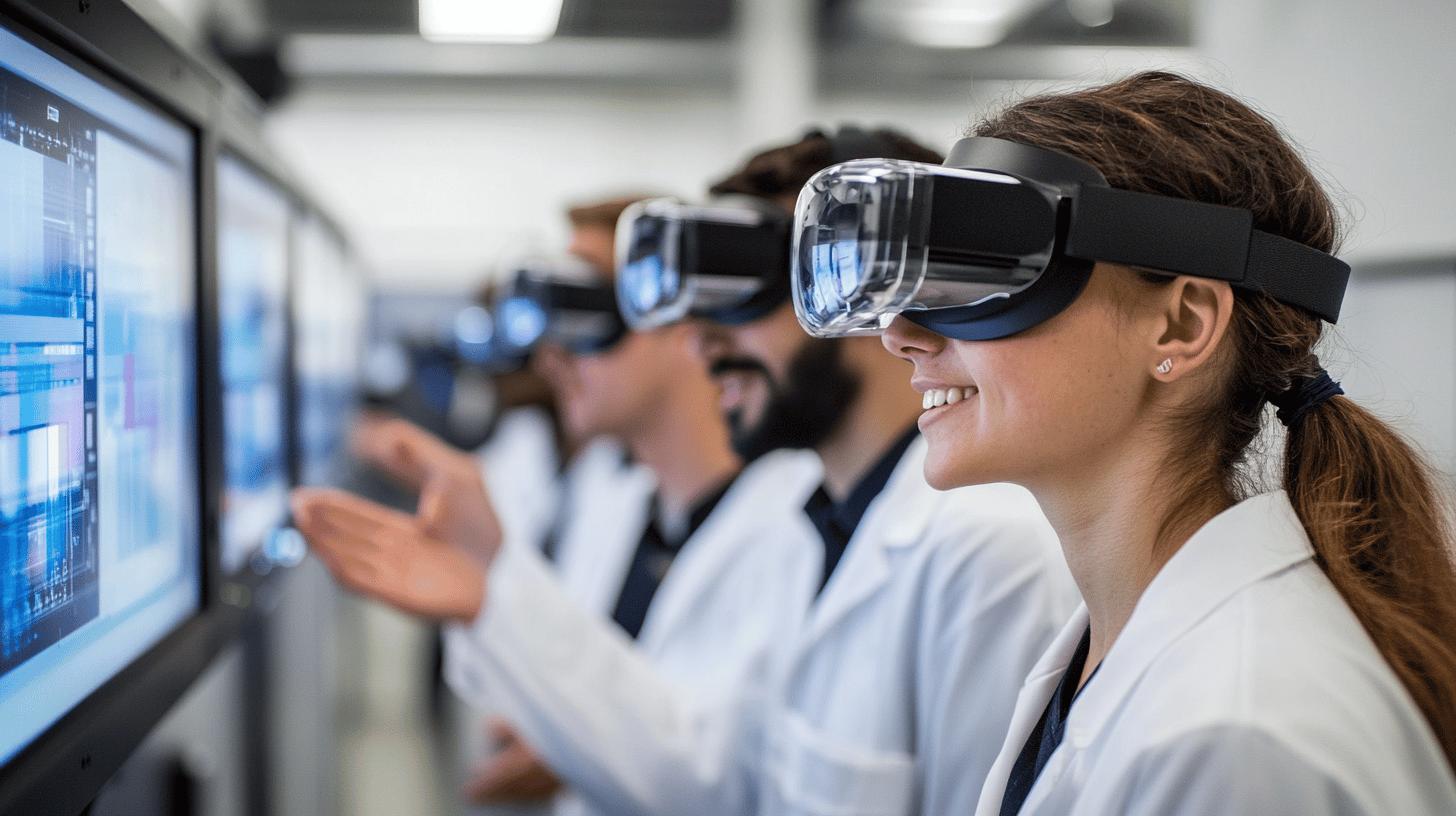 Researchers using virtual reality headsets to interact with digital data screens in a high-tech laboratory setting, exploring innovative technology and scientific visualization
