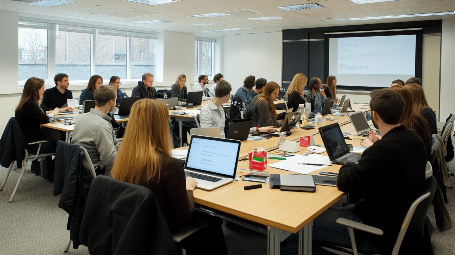 Professional group training session with diverse participants working on laptops in modern classroom with projection screen and large windows