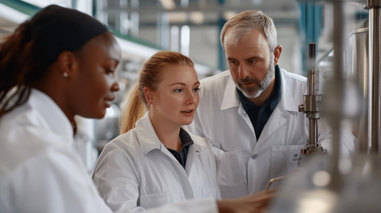Diverse scientific research team collaborating in modern laboratory, wearing white lab coats and discussing technical details near precision equipment