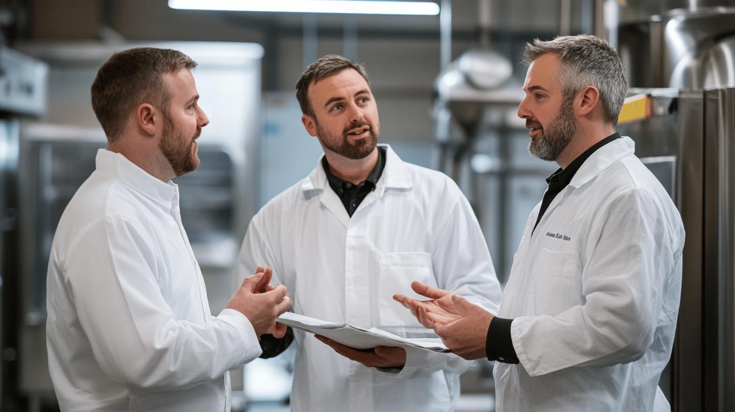 Three professionals in white lab coats collaborating and discussing documents in a modern industrial or laboratory setting, gesturing and engaged in conversation with industrial equipment in the background