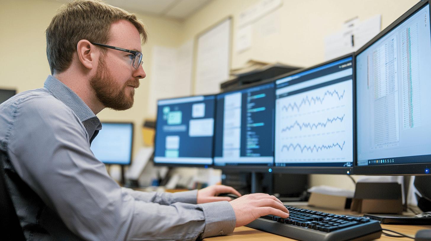 Professional data analyst working on multiple monitor screens displaying charts and analytics in office setting