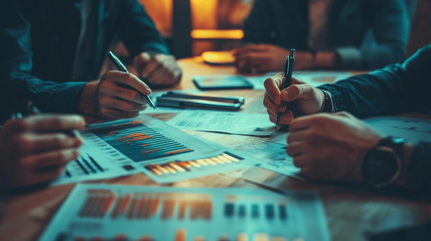 Business team analyzing financial data with graphs and charts during collaborative meeting with teal and orange color grading