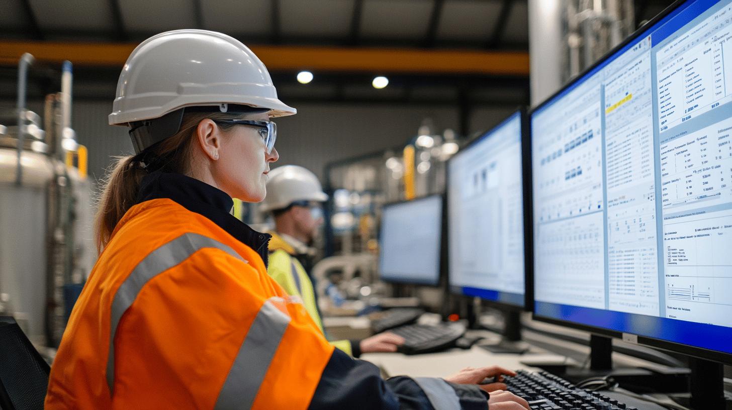 Industrial technician in orange safety vest and white hard hat analyzing data on computer monitors in manufacturing control room