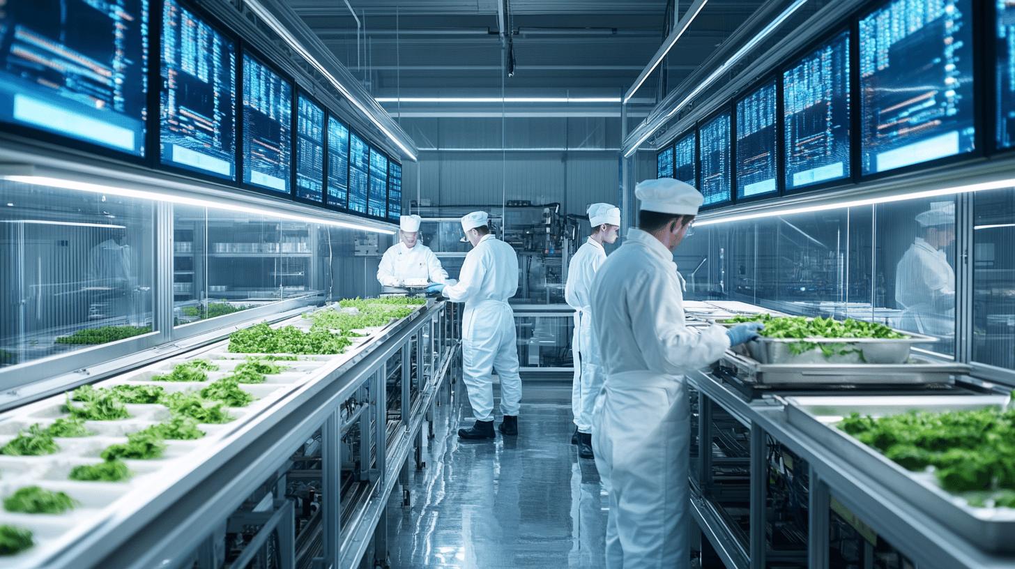 High-tech vertical farming facility with workers in white uniforms monitoring green leafy crops growing on multiple shelves, surrounded by digital data screens and clean, futuristic blue-tinted environment