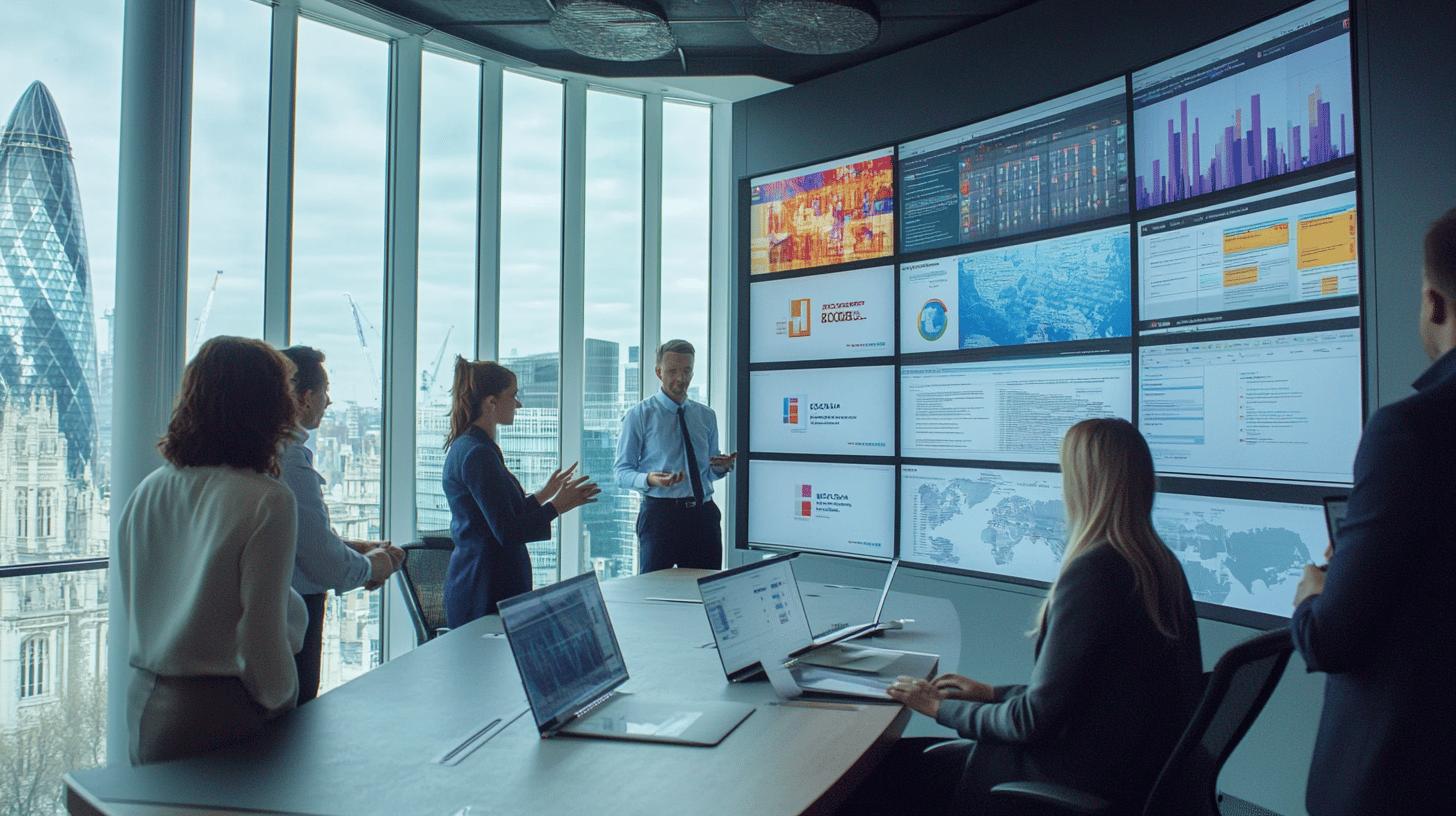 Business meeting in modern office with data analytics dashboard, London skyline with Gherkin building visible, team collaborating around conference table with multiple digital screens displaying graphs and reports