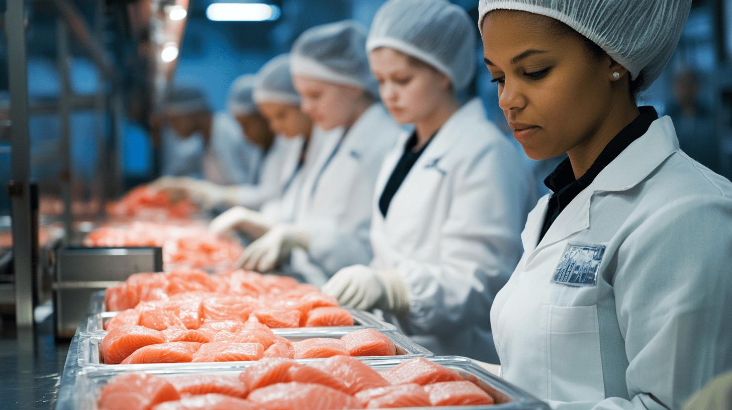 Workers in sterile white uniforms and hair nets processing fresh salmon fillets on metal trays in a cold, industrial food processing facility with blue lighting