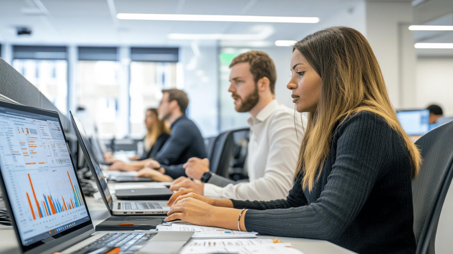 Business professionals analyzing data charts and graphs in a modern, bright office workspace with multiple computer screens displaying analytics and reports